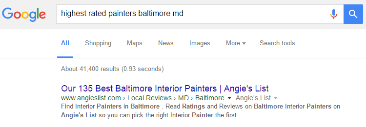 Angie's List reviews can be accessed directly from Google's organic search results