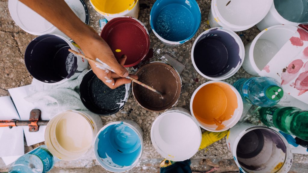 A group of paint cans