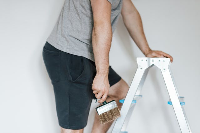 Professional painter holding a brush and climbing the ladders